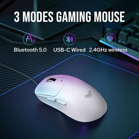 Aula SC680 Wireless Mouse, Ergonomic Gaming Mouse, with Adjustable 26000 DPI, PAW3395 Sensor, BK3633 Chipset, BT 5.0/2.4GHz/Wired Connections, 500mAh Battery for Win/Mac/PC/Laptop (White) in Saudi Arabia