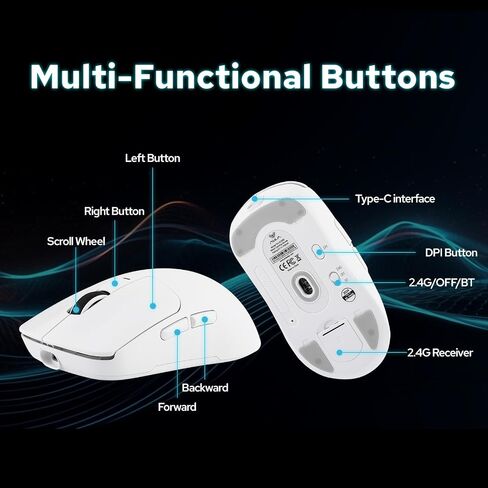Aula SC680 Wireless Mouse, Ergonomic Gaming Mouse, with Adjustable 26000 DPI, PAW3395 Sensor, BK3633 Chipset, BT 5.0/2.4GHz/Wired Connections, 500mAh Battery for Win/Mac/PC/Laptop (White) in Saudi Arabia