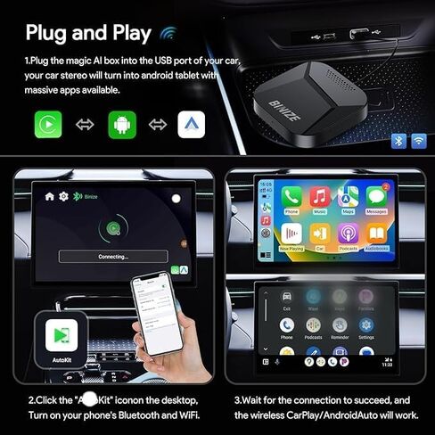 Binize Box Carplay AI Box نظام Android Ai Carplay Box متوافق مع Carplay اللاسلكي Android Auto، Magic AI Box Carplay جهاز بث الفيديو للسيارة مرآة الهاتف إلى شاشة السيارة ﻿ in Kuwait
