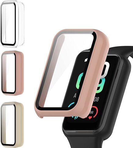 3PCS Watch Screen Protector Case Protective Face Cover with Tempered Glass Film Hard PC Bumper Compatible for Amazfit Band 7(Black+Pink+White) in Kuwait