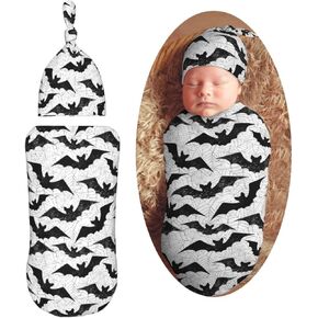 Black Bat Newborn Swaddle Blankets Hat Sets Soft Baby Receiving Blanket Swaddle Sack for Baby Shower Infant Boy Girl Gift