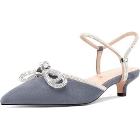 Aachcol Womens Close Toe Rhinestone Bow Kitten Heels Pointed Toe Low Heel Bow Pumps Adjustable Ankle Strap Bridal Prom Wedding Dress Shoes