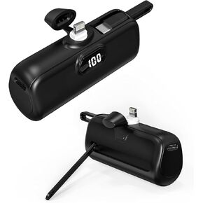 Portable Capsule Mobile Power Bank - Mini USB-C Charging with Built-in Cable, Dual Input, and 18W Fast Charging - Rechargeable Power Bank for On-The-Go