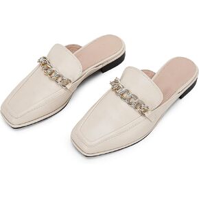 حذاء نسائي مسطح من Ermonn مزود بسلسلة ومقدمة مربعة من الجلد الصناعي بدون ظهر سهل الارتداء باللون الأبيض مقاس 7 in Kuwait