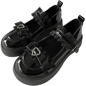 Y2K Goth Kawaii Harajuku Lolita Round Toe Chunky Heels Heart Buckle Black Lace Trim Mary Jane Platform Shoes