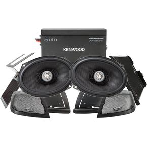 حزمة الصوت الخلفية Kenwood Excelon P-HD2R لموديلات مختارة من Harley-Davidson لعام 2014 - (1) مضخم صوت XM160-2، (2) زوج مكبر صوت للدراجات النارية Excelon XM69R مقاس 6 بوصة × 9 بوصة، يتضمن لوحات تثبيت وشبكات