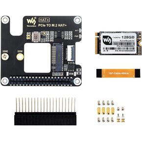 Waveshare PCIe to M.2 Adapter for Raspberry Pi 5, Supports NVMe Protocol M.2 Solid State Drive, High-Speed Reading/Writing, HAT + Standard, Comes with SK-NVME 2242 128G Solid State Drive