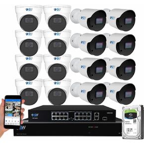 GW Security 32 Channel NVR UltraHD 12MP 4K Face/Human/Vehicle Detection PoE Security Camera System with (8) Bullet and (8) Dome 12MP (4000x3000P) IP Microphone AI Cameras, Color Night Vision