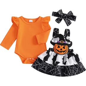 My First Halloween Baby Girl Outfit Ruffle Long Sleeve Romper Suspender Skirt Headband Set Fall Winter Clothes