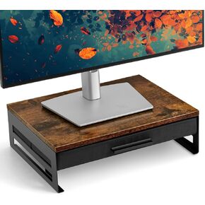 ARCOBIS Wooden Monitor Stand with Fabric Drawer, Metal Computer Monitor Riser with Storage, Desk Organizer Shelf for PC, Laptop, Compact Keyboard, Printer, Rustic Brown