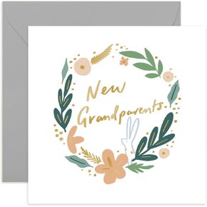 Old English Co. Cute New Grandchild Baby Card for Grandparents - Gold Foil Floral Wreath New Baby Card for Grandad Grandmother - Grandchild Greeting Card for Friends | Blank Inside with Envelope