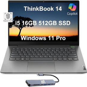 Lenovo ThinkBook 14 Business Laptop (14" FHD Anti-Glare, Intel 10-Core i5-1235U, 16GB RAM, 512GB PCIe SSD), Fingerprint Reader, Ethernet (RJ-45), Wi-Fi, IST Hub, Win 11 Pro w/AI Copilot, Grey, 2024