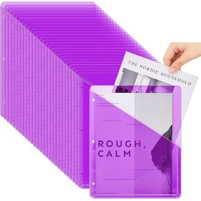 100 Pcs Poly Translucent Slash File Jacket Binder Organizer Pockets 3 Hole Punch Binder Folders 3 Ring Binder Plastic Sleeves for Paper Document (Clear)