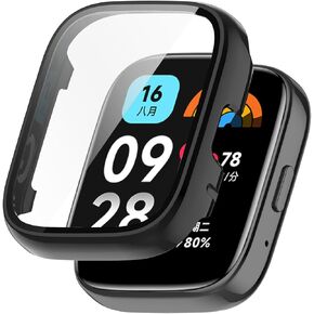 MOTONG PC Full Coverage Protective Watch Case Cover Tempered Glass Screen Protector Compatible with Redmi Watch 3/Redmi Watch 3 Lite(PC Black)