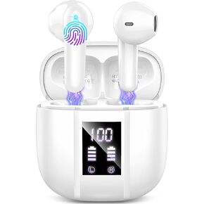 Wireless Earbuds, Bluetooth Headphones Stereo Bass with Noise Cancelling Mic, in Ear Ear Buds with LED Power Display Charging Case, IPX7 Waterproof Earphones for Android
