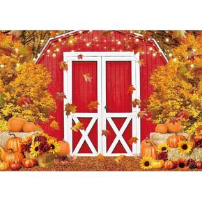7x5ft Polyester Fall Harvest Red Farm Backdrop for Photography Autumn Pumpkin Maple Leaves Background Thanksgiving Day Baby Shower Birthday Party Decoration Photobooth Banner Props