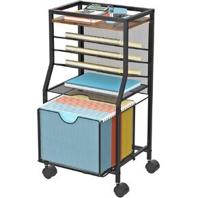 File Cart, Rolling File Cart with Drawer for Hanging File Folders, Sdurty Office Cart for Under Desk, Wood & Mesh Paper Trays Organization for Office, Home, 14.8" L x 11.8" D x 27.7" H