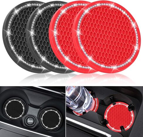 Car Coasters, 4 Pack Universal Vehicle Bling Car Coaster, COCASES Crystal Rhinestone Coaster for Cup Holders, Car Interior Accessories 2.75'' Silicone Anti Slip Car Coasters for Women (Black) in Saudi Arabia