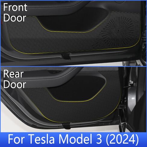 LUNQIN Car Door Anti Kick Pad for Tesla Model 3 2017 2018 2019 2020 2021 2022 2023 Accessories Carbon Fiber Style Leather Sticker Door Sill Protector Cover Edge Guard Side Mat Interior Dirty Stickers in Saudi Arabia