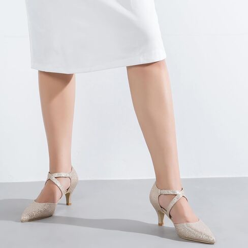 Women's Low Kitten Heels Pointed Toe Pumps Cross Strap Closed Toe D'Orsay Dress Wedding Bridal Party Office Shoes in Saudi Arabia