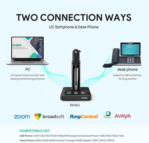 Yealink Upgrade WH63 Wireless DECT Headset,Single Ear Office Headset for Desk Phone and Computer Softphone,Teams Certified,Noise Cancelling Mic,Compatible Polycom Grandstream IP Phone in Saudi Arabia