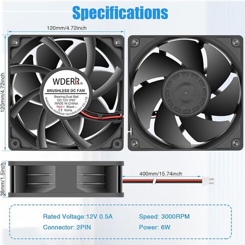 12V DC Waterproof and MoistureProof IP67 Rated 120 x 38mm High Airflow Exhaust Cooling Fan for rv Fridge/Grow Tent/Greenhouse/Crawlspace/Hydronic/Ventilation 3000RPM 2-Pack in Saudi Arabia