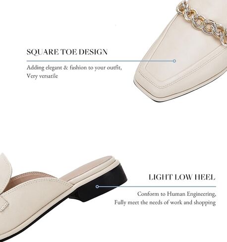 حذاء نسائي مسطح من Ermonn مزود بسلسلة ومقدمة مربعة من الجلد الصناعي بدون ظهر سهل الارتداء باللون الأبيض مقاس 7 in Kuwait