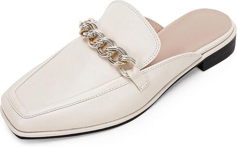 حذاء نسائي مسطح من Ermonn مزود بسلسلة ومقدمة مربعة من الجلد الصناعي بدون ظهر سهل الارتداء باللون الأبيض مقاس 7 in Kuwait