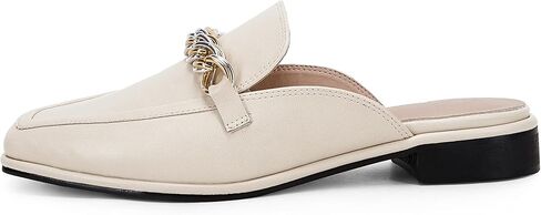 حذاء نسائي مسطح من Ermonn مزود بسلسلة ومقدمة مربعة من الجلد الصناعي بدون ظهر سهل الارتداء باللون الأبيض مقاس 7 in Kuwait