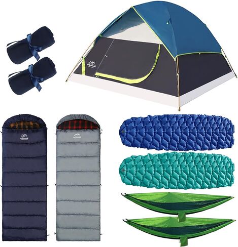 LANMOUNTAIN 9 Pcs Camping Set,Include 1 Camp Tent,2 Sleeping Bag,2 Hammock,2 Sleeping Pad/Camping Mat,2 Single Camping Hammock with 2 Tree Straps,2 Lightweight Fuzzy Bed Blanket for Family Outdoor in Kuwait