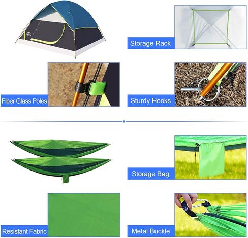 LANMOUNTAIN 9 Pcs Camping Set,Include 1 Camp Tent,2 Sleeping Bag,2 Hammock,2 Sleeping Pad/Camping Mat,2 Single Camping Hammock with 2 Tree Straps,2 Lightweight Fuzzy Bed Blanket for Family Outdoor in Kuwait