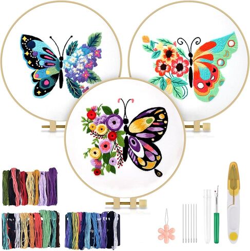TINDTOP Embroidery Kit for Adult Beginners, 3 Sets Embroidery Stitch Practice kit Include Embroidery Cloth Hoops Threads for Craft Lover Hand Stitch in Saudi Arabia