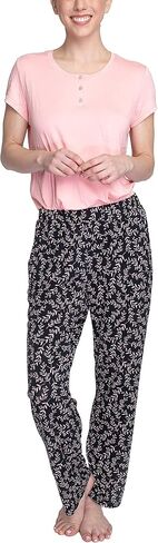 طقم بيجامة منسوجة من الريش المريح للنساء من Hanes، طقم نوم للاستراحة PJ، أزرق/أزهار، 1X in Saudi Arabia