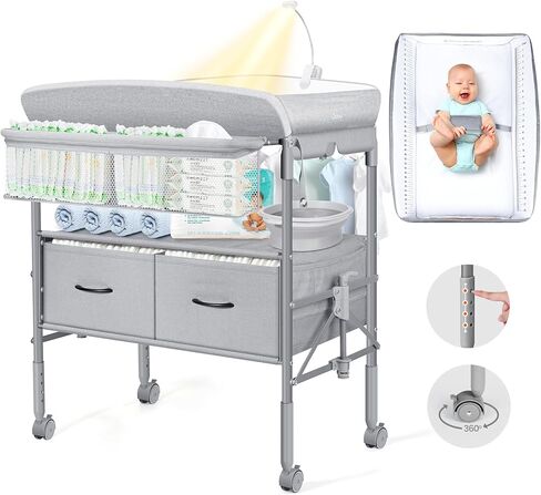 طاولة تغيير الحفاضات للأطفال من أورزبو مع ضوء ليلي، طاولة حفاضات قابلة للطي، محطة تغيير حفاضات مقاومة للماء مع حزام أمان، ارتفاع 4 مستويات قابل للتعديل ودرجين، حضانة متنقلة للرضع وحديثي الولادة in Kuwait