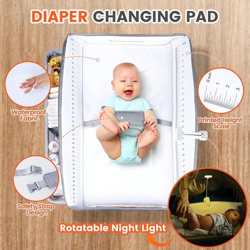 طاولة تغيير الحفاضات للأطفال من أورزبو مع ضوء ليلي، طاولة حفاضات قابلة للطي، محطة تغيير حفاضات مقاومة للماء مع حزام أمان، ارتفاع 4 مستويات قابل للتعديل ودرجين، حضانة متنقلة للرضع وحديثي الولادة in Kuwait