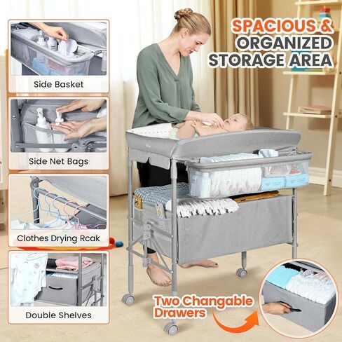 طاولة تغيير الحفاضات للأطفال من أورزبو مع ضوء ليلي، طاولة حفاضات قابلة للطي، محطة تغيير حفاضات مقاومة للماء مع حزام أمان، ارتفاع 4 مستويات قابل للتعديل ودرجين، حضانة متنقلة للرضع وحديثي الولادة in Kuwait