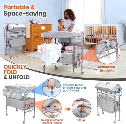 طاولة تغيير الحفاضات للأطفال من أورزبو مع ضوء ليلي، طاولة حفاضات قابلة للطي، محطة تغيير حفاضات مقاومة للماء مع حزام أمان، ارتفاع 4 مستويات قابل للتعديل ودرجين، حضانة متنقلة للرضع وحديثي الولادة in Kuwait