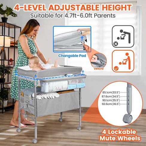 طاولة تغيير الحفاضات للأطفال من أورزبو مع ضوء ليلي، طاولة حفاضات قابلة للطي، محطة تغيير حفاضات مقاومة للماء مع حزام أمان، ارتفاع 4 مستويات قابل للتعديل ودرجين، حضانة متنقلة للرضع وحديثي الولادة in Kuwait