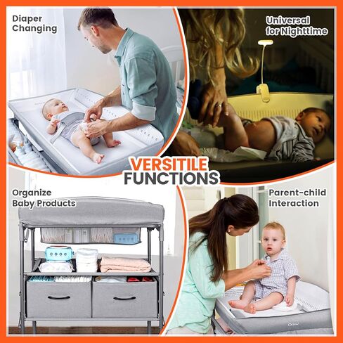 طاولة تغيير الحفاضات للأطفال من أورزبو مع ضوء ليلي، طاولة حفاضات قابلة للطي، محطة تغيير حفاضات مقاومة للماء مع حزام أمان، ارتفاع 4 مستويات قابل للتعديل ودرجين، حضانة متنقلة للرضع وحديثي الولادة in Kuwait