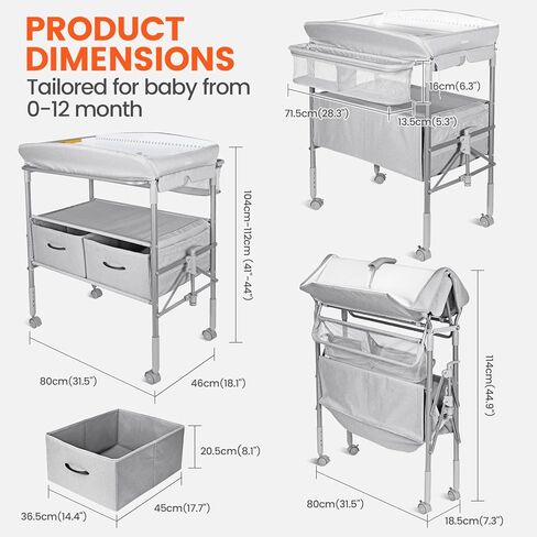 طاولة تغيير الحفاضات للأطفال من أورزبو مع ضوء ليلي، طاولة حفاضات قابلة للطي، محطة تغيير حفاضات مقاومة للماء مع حزام أمان، ارتفاع 4 مستويات قابل للتعديل ودرجين، حضانة متنقلة للرضع وحديثي الولادة in Kuwait