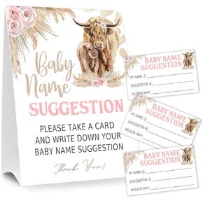 Moonle Baby Shower Games Baby Name Suggestion Sign, 5x7 Inch Kraft Standing Sign and 50 Name Suggestion Cards, Holy Cow, Boho Pink Highland Cow