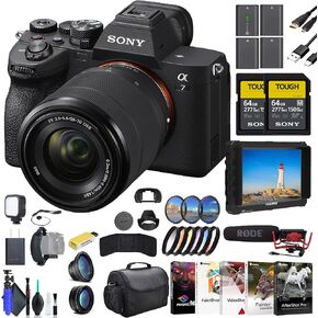 Sony a7 IV Mirrorless Camera with 28-70mm Lens ILCE-7M4K/B, 4K Monitor, Rode VideoMic, 2 x 64GB Memory Card, Filter Kit, Wide Angle Lens, Telephoto Lens, Color Filter Kit, Lens Hood, and More