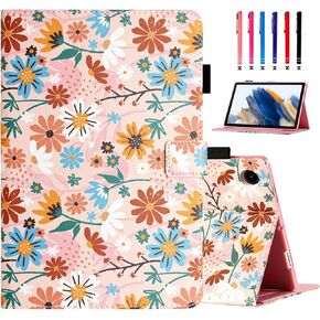 MonsDirect for Samsung Galaxy Tab A8 10.5 inch Case 2022, PU Leather Stand Protective Cover, Auto Wake/Sleep with Pen Holder & Card Slots for 10.5" Galaxy Tab A8 [SM-X200/X205/X207], Matisse Daisy