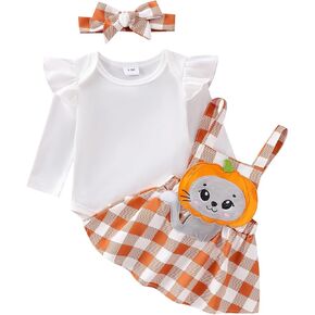 Newborn Baby Girl Halloween Outfit Long Sleeve Romper Onesie Suspender Skirt Headband Cute Fall Winter Clothes 3Pcs