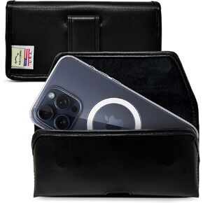 Turtleback Premium Leather Phone Holster for iPhone 15 Pro Max & iPhone 15 Plus, Large – Black Phone Belt Holder Fits Bulky Cases – Phone Holster with Exclusive Leather Belt Clip, Magnetic Closure