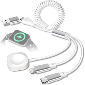 Coiled USB/Type-C to iWatch/iPhone Lightning/Type-C Multi Charger Cable, 3-in-2 Retractable Multiple Car Fast Charging Cord Compatible with iPhone/Apple Watch/iPad/Android Phone