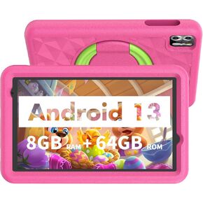 VASOUN Kids Tablet 8 inch, Android 13 Tablet for Kids, 8GB(4gb+4gb Expand) RAM 64GB ROM, Toddler Tablet with Bluetooth, 5G WiFi, Kids App Pre-Installed, EVA Shockproof Case (Blue)