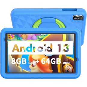 VASOUN Kids Tablet 8 inch, Android 13 Tablet for Kids, 8GB(4gb+4gb Expand) RAM 64GB ROM, Toddler Tablet with Bluetooth, 5G WiFi, Kids App Pre-Installed, EVA Shockproof Case (Blue)
