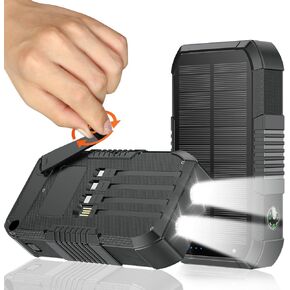 Solar Power Bank 66800mAh Built in Hand Crank and 4 Cables 22.5W Fast Charge Power Bank 5 Outputs & 3 Inputs Solar Portable Charger, Compass/SOS/Strobe/Strong Flashlights, Carabiner，Black
