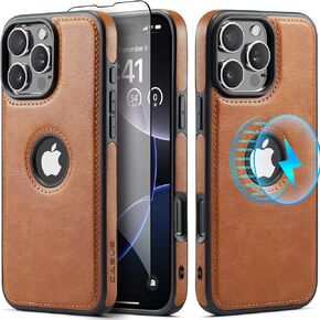 Casus Designed Strong Magnetic for iPhone 16 Pro Case Compatible with MagSafe Leather Slim Logo View Luxury Elegant Thin Cover with Tempered Glass Screen Protector (2024) 6.3" - Brown
